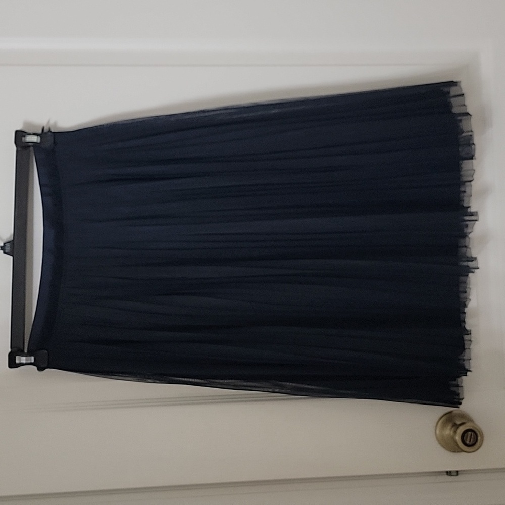 Banana Republic Size 0P Navy Blue Accordian Pleat Midi Skirt, Sheer Overlay, EUC